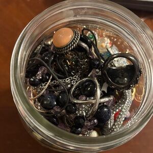 Assorted Jewelry Jar with Black and Silver Pieces including rings